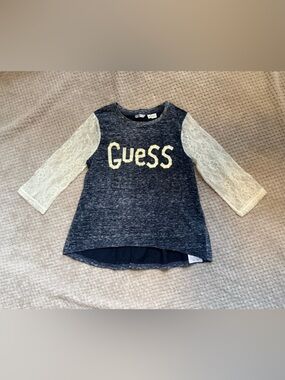 Guess Navy Top with Cream Lace Sleeves and Logo